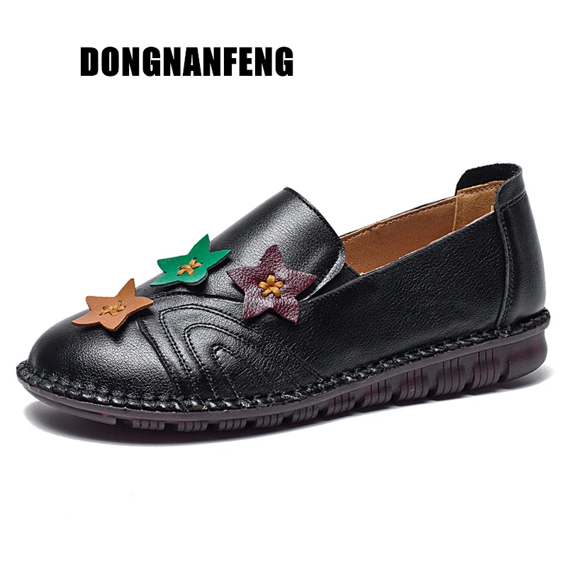 

DONGNANFENG 2019 Women Laides Female Old Mother Shoes Flats Loafers Slip On Retro Stars Cow Genuine Leather Spring 35-41 JY-1801