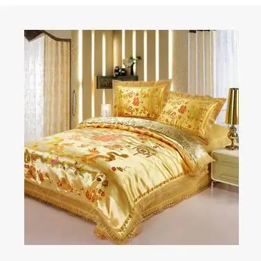 Venda de Cetim de Seda Jacquard de Cetim de cama bedskirt bedset Casamento conjunto de quatro peças vermelho cama de casamento dragão