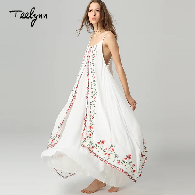 TEELYNN Maxi white boho dress Vintage floral embroidered sleeveless ...