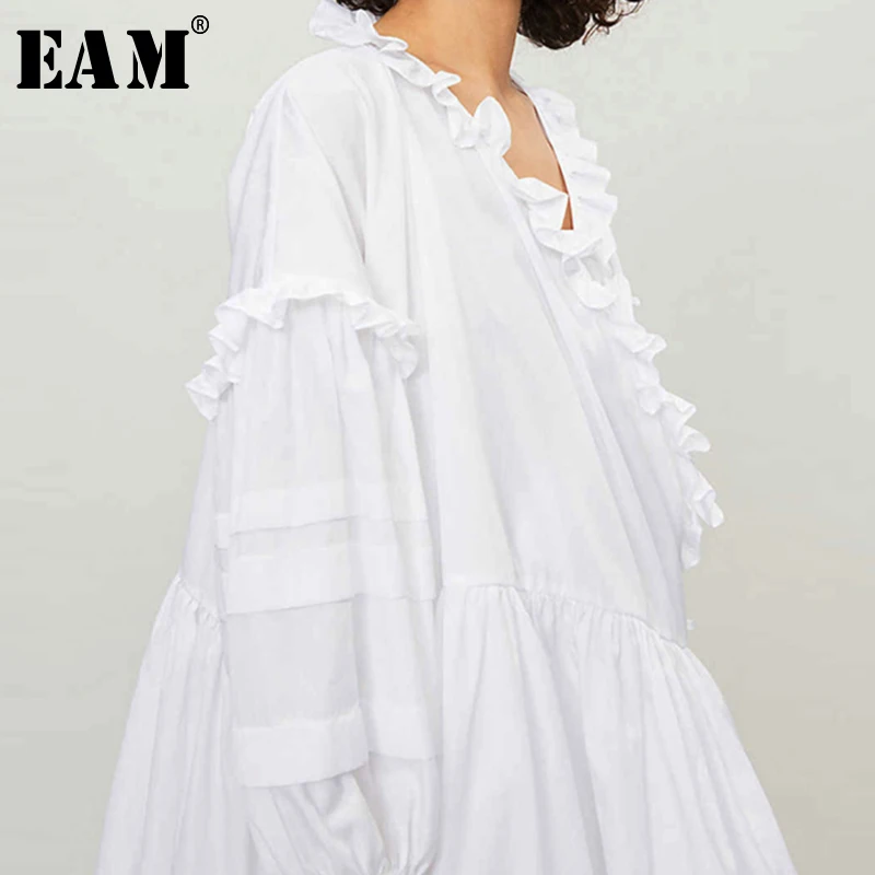 

[EAM] 2019 New Spring Summer V-Neck Three-quarter Sleeve White Ruffles Split Joint Pleated Loose Dress Women Fashion Tide JX769