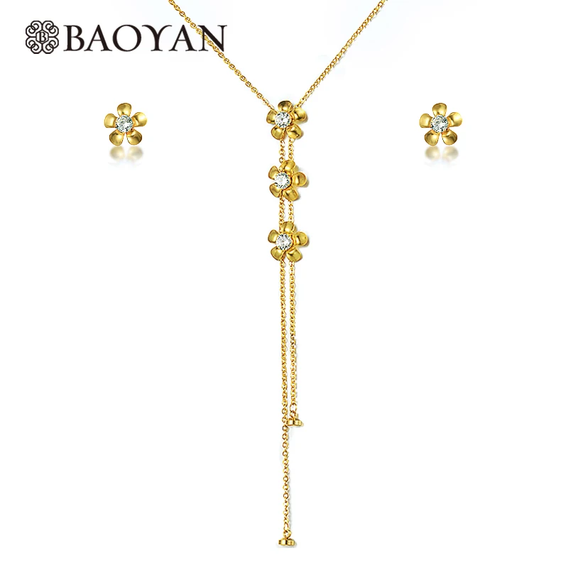 

BAOYAN Elegant Gold Flower Jewelry Sets Crystal Flower Wedding Bridal Jewelry Sets Golden Stainless Steel Jewelry Sets For Women