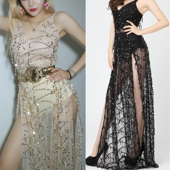

Mesh yarn Jazz Dance Dress Party Sequin Split Costume Popular Sexy DJ Fashion Long Skirts Performance Skirt For Singers DWY823