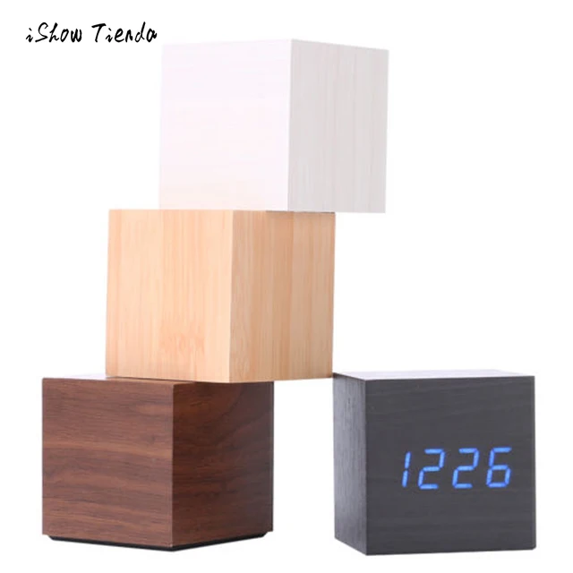 Multicolor Sounds Control Wooden Clock New Modern Wood Digital LED Desk Alarm Clock Thermometer Timer Calendar Table Decor