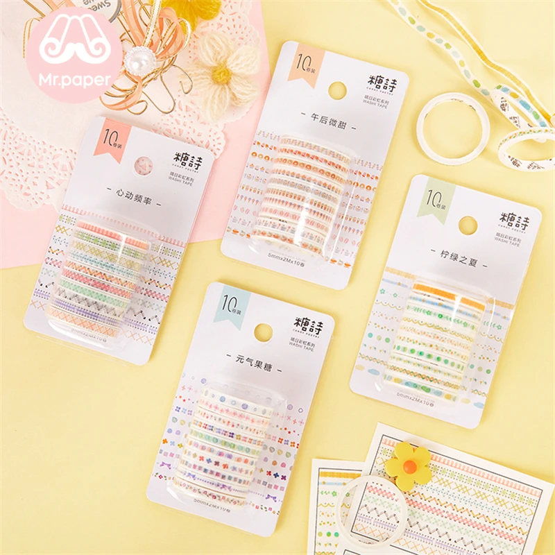 Mr Paper 10pcs/set 5mm*2m Colourful Rainbow Line Scrapbooking Cut-off Rule Washi Tapes Bullet Journaling Deco Masking Tapes