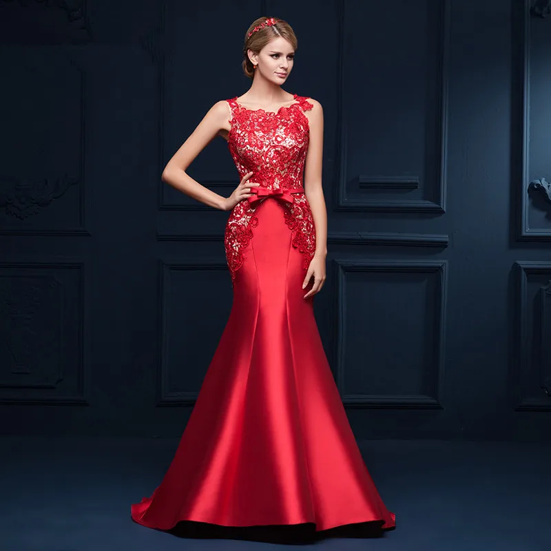 Red Robe de soiree Long Mermaid Evening Dress 2017 Scoop Neck Sweep ...