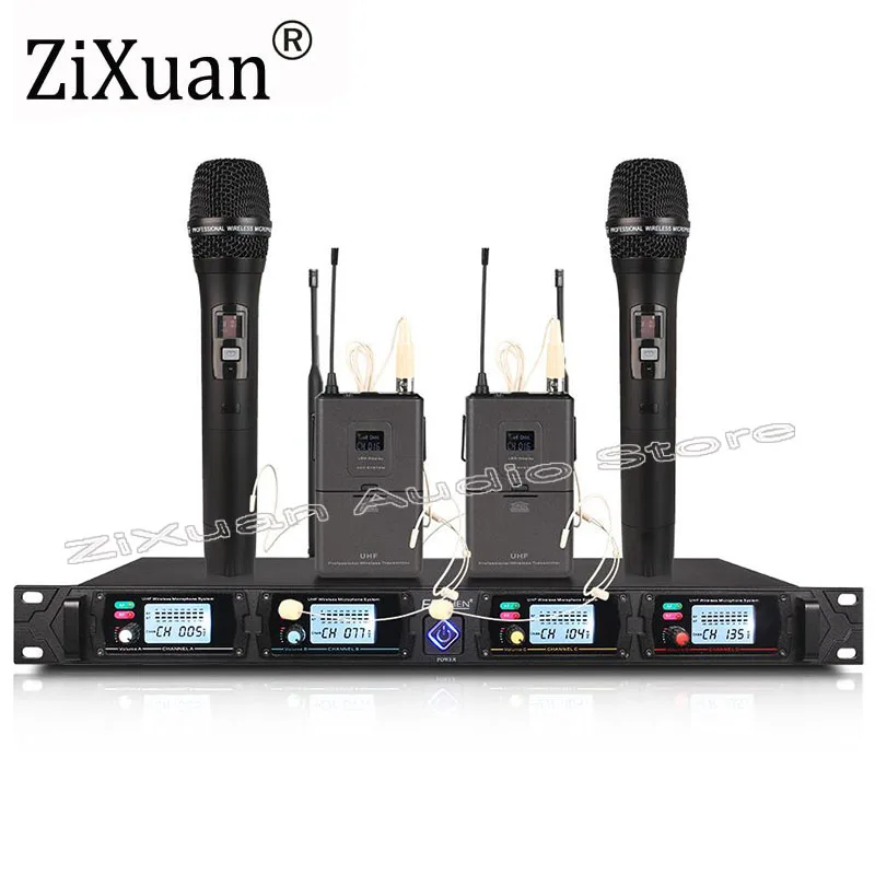 

Top quality!!! UHF 4 Channel Wireless Stage Microphone System with 2 Handheld 2 Headset Lavalier Mic Wireless Microphone System
