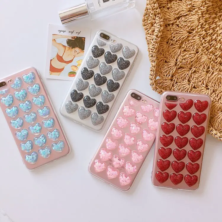 

New 3D Heart Tpu Phone Case for IPhone X Xs XR XSMAX 7 6s 6 8 Plus Candy Soft Silicone Love Sequin Tpu Case Back Cover Female