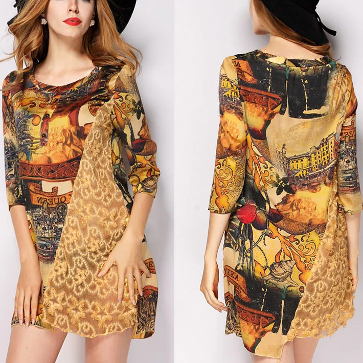 Print Embroidery Silk Dresses Three Quarter Sleeve Vestidos Women Casual Clothing 2015 Spring/Summer Fashion New Sell Hot |