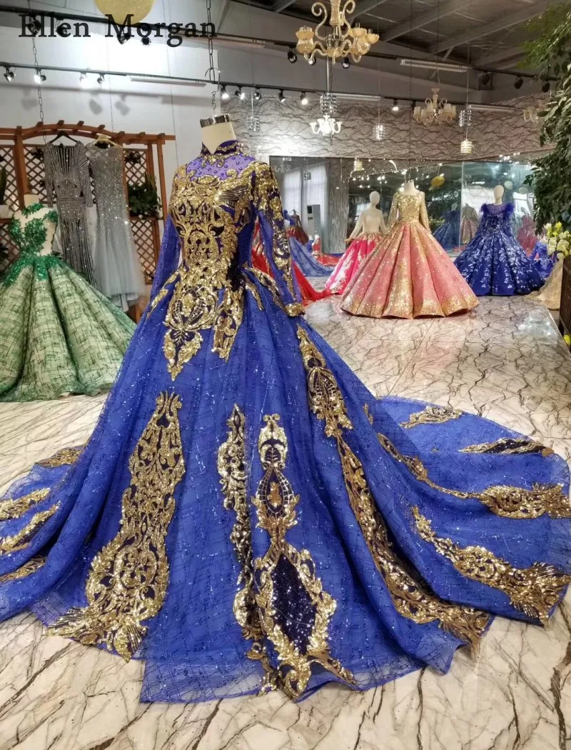 Свадебные платья Королевского синего цвета с длинным рукавом 2019 высоким горлом и