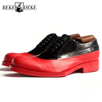 

Euro Men Handmade 100% Real Leather Formal Shoes Oxfords Geometric Platform Block Med Heels Mixed Color Male Wedding Dress Shoes