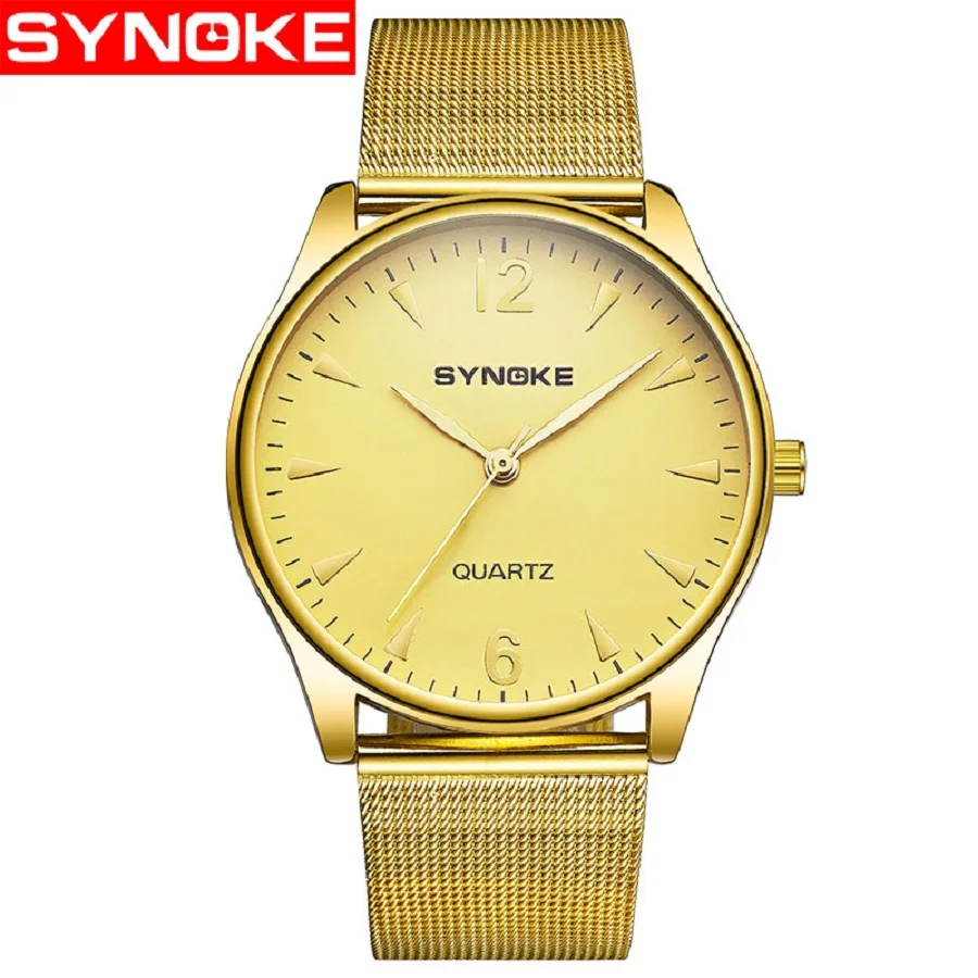 

SYNOKE Luxury Brand Quartz Watch Men's Gold Casual Business Stainless Steel Mesh band Quartz-Watch Fashion Thin Clock Male Gift