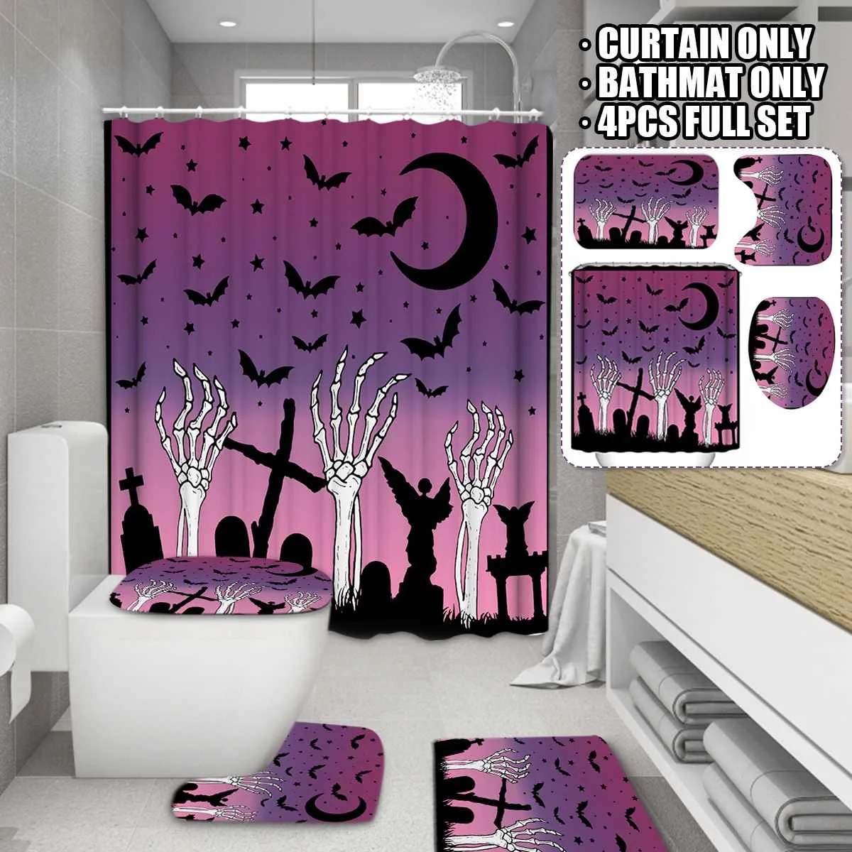 Cool Purple Dark Skull Grave Printing Shower Curtain+ 12 Hooks
Waterproof Bathroom Carpets Rugs Floor Mats Halloween Home Decor
