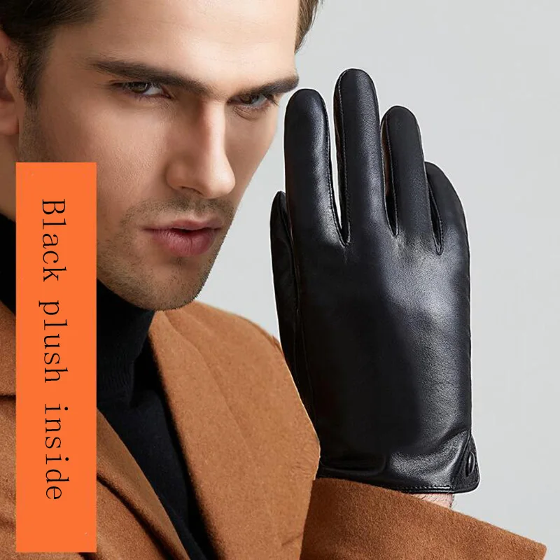 Men's Fashion Genuine Leather Gloves Thin/ Thick Plush Winter Warm Sheepskin Full Finger Touch Screen Driving Gloves Mittens L75 