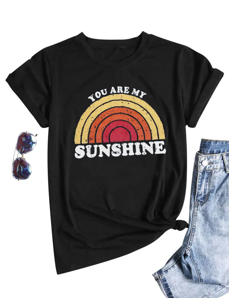 You Are My Sunshine, футболка с радужным принтом, женские летние топы с коротким рукавом, футболка с круглым вырезом размера плюс, повседневная женская футболка Harajuku - Цвет: Черный
