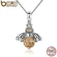 BAMOER 925 Sterling Silver Lovely Orange Bee Animal Pendants Necklace for Women Fine Jewelry CC035