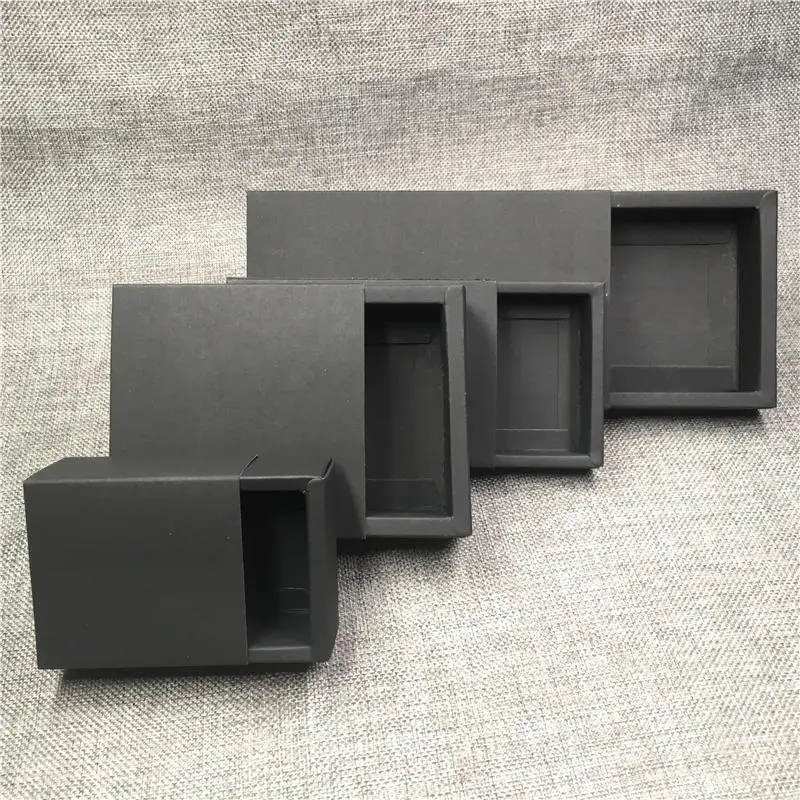 

20Pcs/Lot Four Styles Handmade Blank Black Paper Drawer Box Party Kraft Paper Pull Push Box For Matches Chocolate Cookies Soap