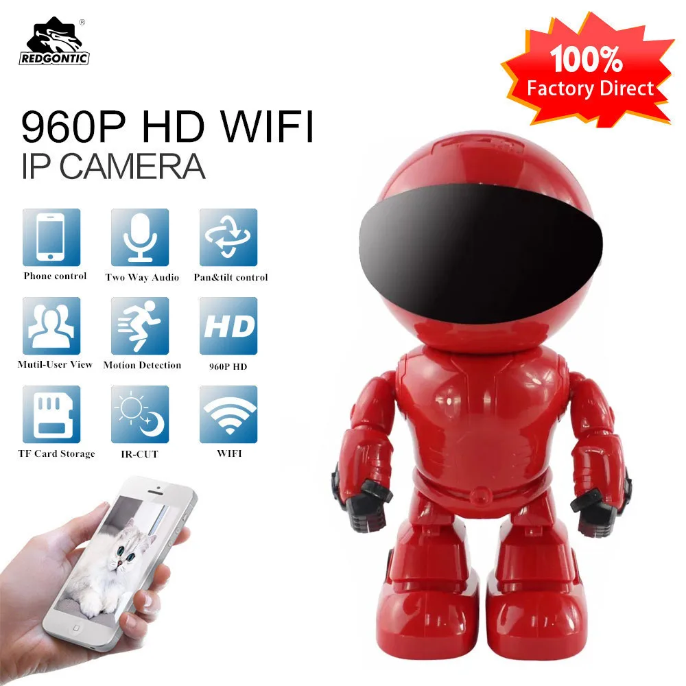 

REDGONTIC 960P 1.3MP HD Wireless WI-FI IP Camera Robot P2P Night Vision Two way Audio Network Baby Monitor CAM360