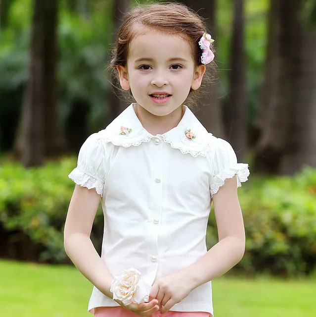 Kids Girls Blouse Tops with Lace 2017 Summer Girls Blouses and Shirts Short Sleeves White Pink