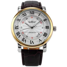 New WINNER Classic White Dial Gold Case Rome Number Auto Automatic Mechanical Date Brown Leather Wrist Men’s Dress Watch/ PMW100