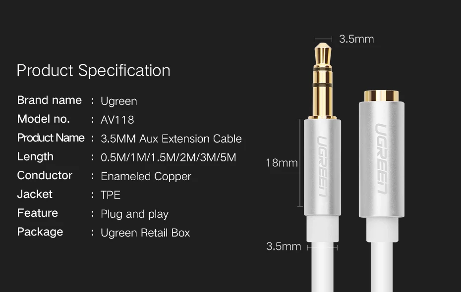 Ugreen AUX Jack 3 5mm Audio Extension Cable Male to Female Aux Cable Headphone Extension line for Computer MobilePhone