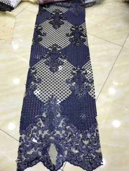

Navy blue flower Nigerian Lace Embroidered Lace Fabric PWD186663 Hot Sale 5 Yards sequins Lace Mesh fabric