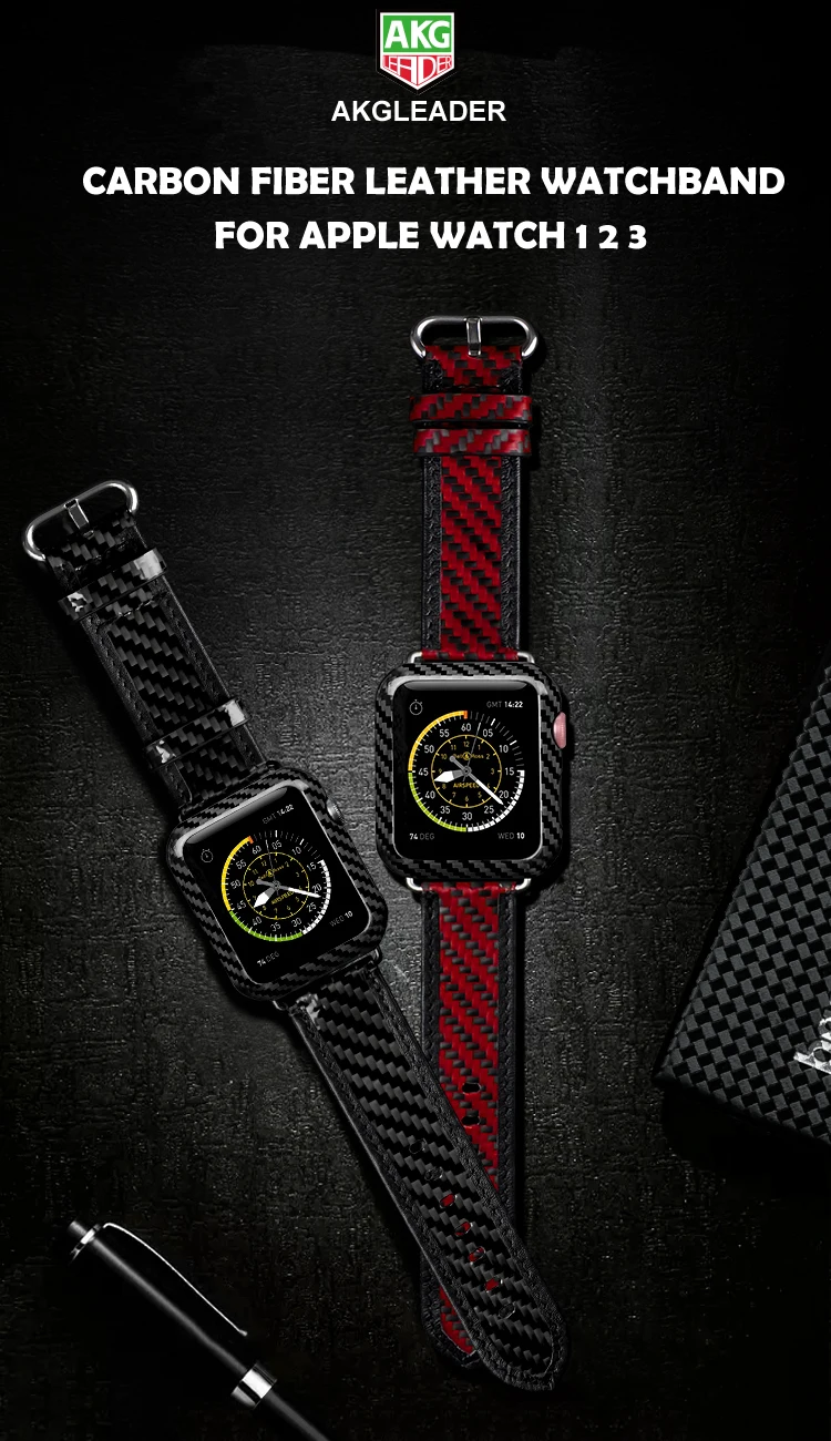 AKGLEADER 38-42 мм для Apple Watch, серия 4, ремешок из настоящего углеродного волокна, ремешок для часов Apple Watch, серия 1, 2, 3, кожаный ремешок на запястье