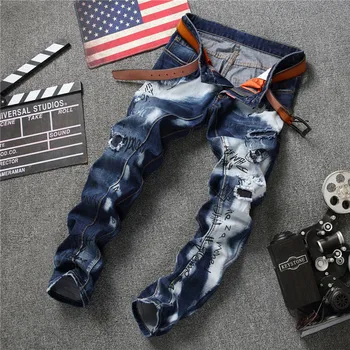 

Men Bleached Ripped Jeans Letters Embellished New 2017 Mens Garment Washed Denim Pants Broken Jeans Destroyed Jeans