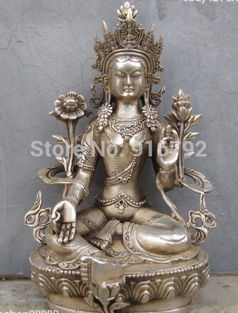 

Tibet Buddhism White Bronze Silver Green TaRa Kwan-Yin Buddha Statue
