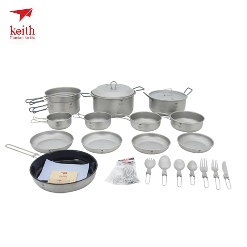 

Keith Titanium Ultralight Camping Cookware Utensils Outdoor Tableware Set Hiking Picnic Camping Tableware Pot Pan 21 in 1 Ti6201