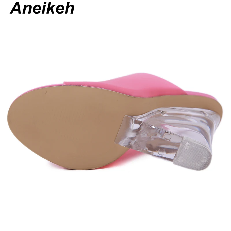 Aneikeh/, новинка, модный, из ПВХ, прозрачный с открытыми пальцами тапочки на танкетке с открытым носком; ботильоны на прозрачных каблуках из Для женщин на высоком каблуке с украшением в виде кристаллов; обувь из флиса кораллового цвета, тапочки Размер 35–40