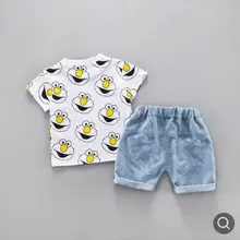 Одежда для детей; летние детские джинсы; костюм с короткими рукавами; Комплект для мальчиков и девочек с принтом героев мультфильмов; милые хлопковые комплекты одежды для малышей; SY-F192226