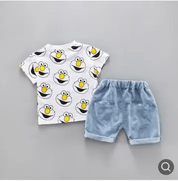  Children Clothing Summer Kids Jeans Short Sleeve Suit Cartoon Print Boys Girls Set Cute Cotton Baby