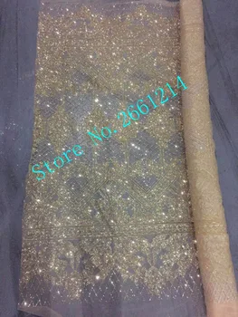 

5yards BZL-9304 champagne gold glued print glitter sparkle african india mesh tulle fabric for wedding/evening dress/party,