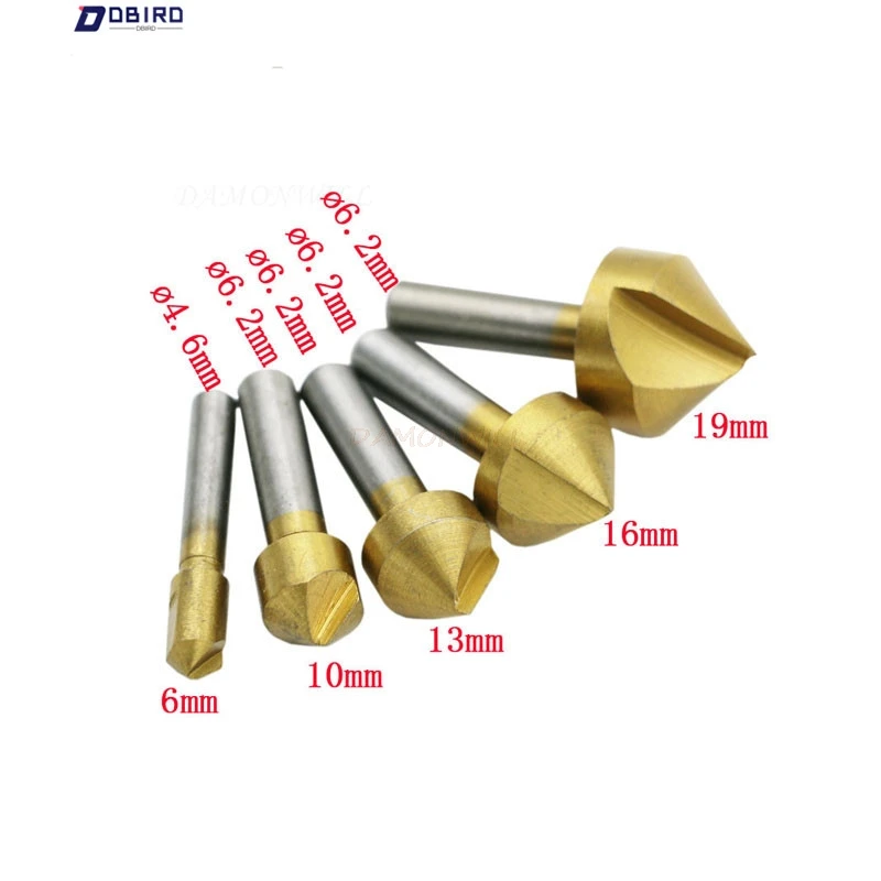 

5 Pcs Countersink Drill Bit Set Hex Shank HSS 5 Flute Countersink 90 Degree Wood Chamfering Cutter Chamfer 6mm-19mm