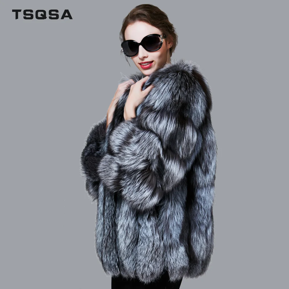 TSQSA Чистого Натурального Лиса Шубы Женская Одежда Натурального Лиса Мех Женщин Пальто Зима Теплая мода Толстый Мех Дамы Пальто TAC1721