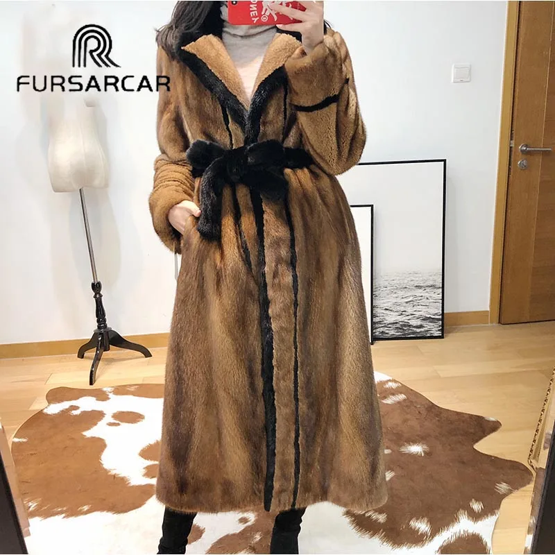 FURSARCAR Роскошная Новая шуба из настоящей норки, женская модная шуба из натурального меха норки, Женская Шуба 120 см, длинная норковая шуба