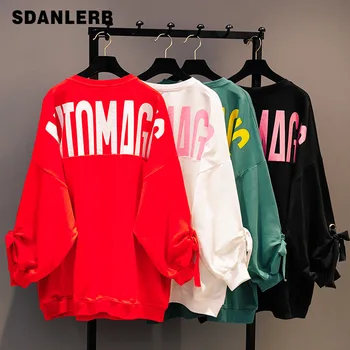 

2019 Spring Autumn Women Pure Color Lace-up Long Sleeve Pullover Shirts Students Letters Sweatshirt Oversize Shirt Hoodies