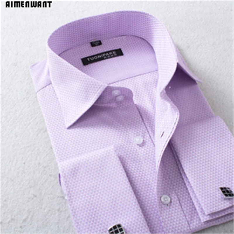 Spring Business Shirt Mens Long Sleeve Slim Fit French Cuff Shirts Luxury Formal Checked Tees For Gifts
