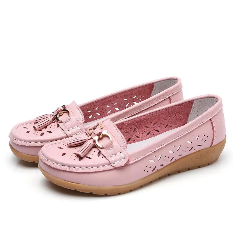 Женские туфли из мягкой натуральной кожи на плоской подошве; женские лоферы без шнуровки; женские мокасины для вождения; дышащие летние женские кожаные туфли на плоской подошве - Цвет: Pink