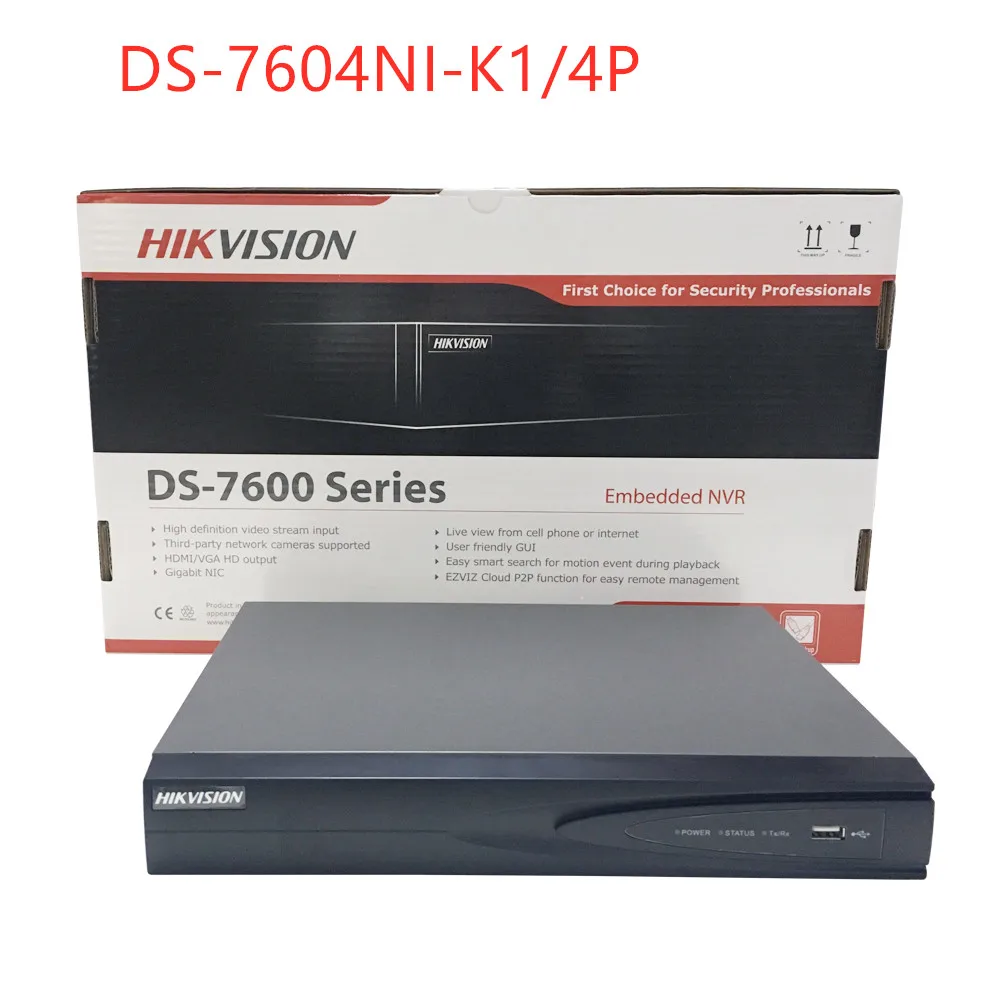  Hikvision 4/8/16POE ports 4/816ch NVR with 1/2SATA ports plug & play NVR H.265 DS-7604NI-K1/4P DS-7