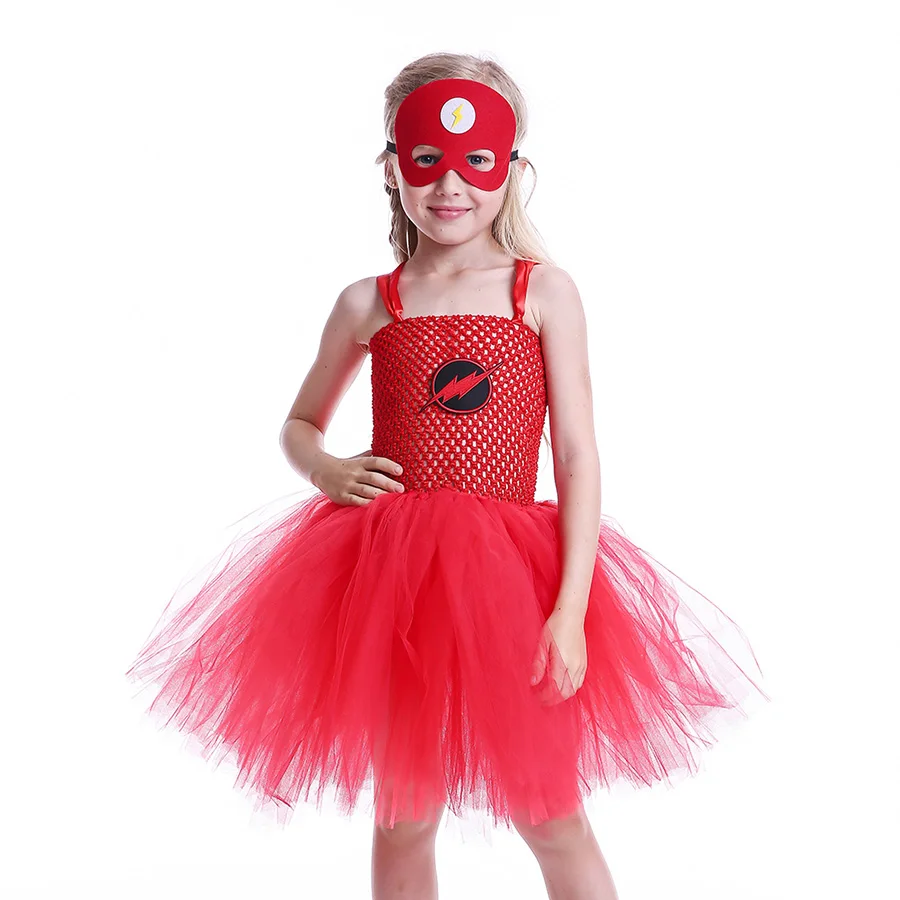 Girl Flash Halloween Tutu Dress with Mask Kids Red Superhero Cartoon Outfit Children (2)