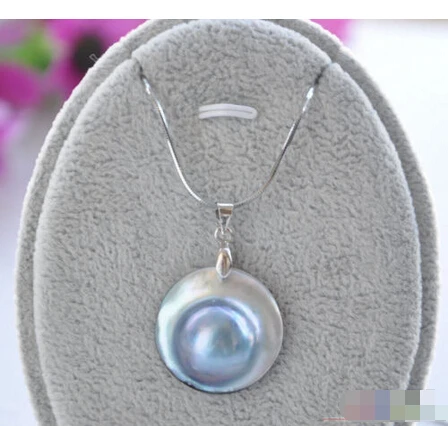 

P4162 REAL 22MM GRAY SOUTH SEA MABE PEARL PENDANT 925SILVER CHAIN ^^^@^Noble style Natural Fine jewe FREE SHIPPING