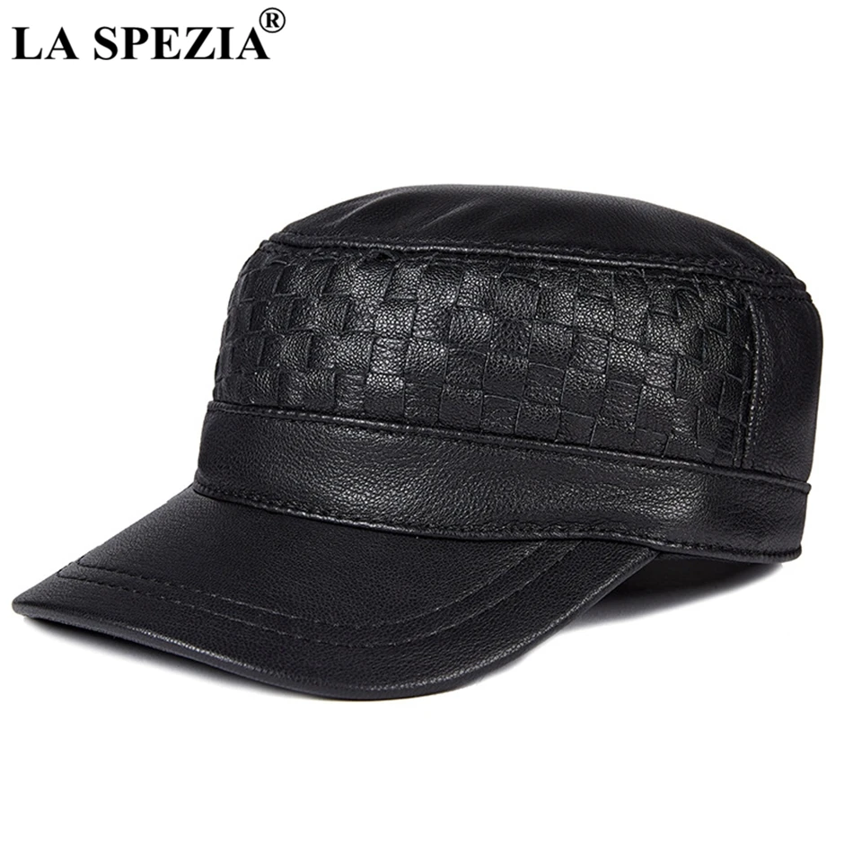 LA SPEZIA Berretti Militari Degli Uomini di Nero Crochet Cap Capitano Dell'esercito Maschio Genuina Pelle Di Pecora In Pelle Vintage Autunno Regolabile Cappelli Da Marinaio