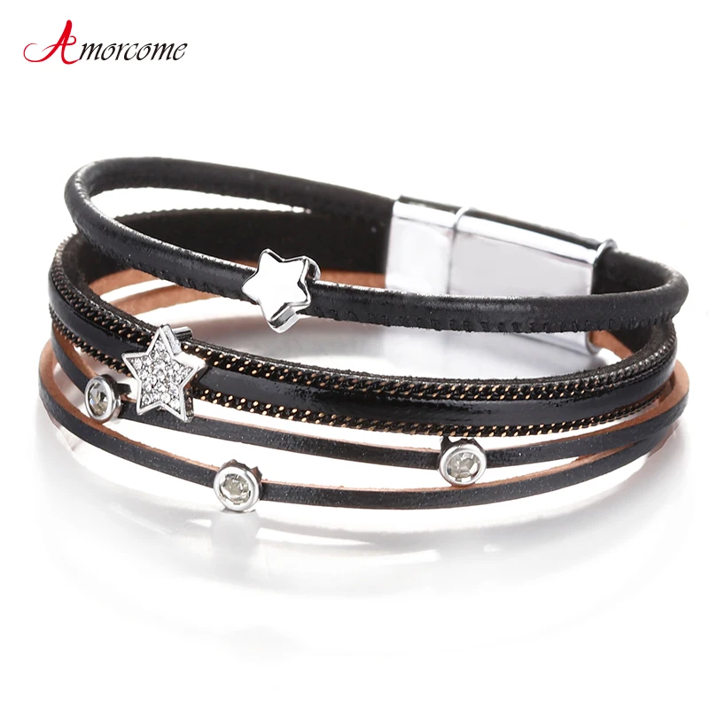 

Amorcome 2019 Women Leather Bracelets Fashion Jewelry Ladies Bohemian Stars Charm Wide Wrap Mulitlayer Bracelet Femme Gift