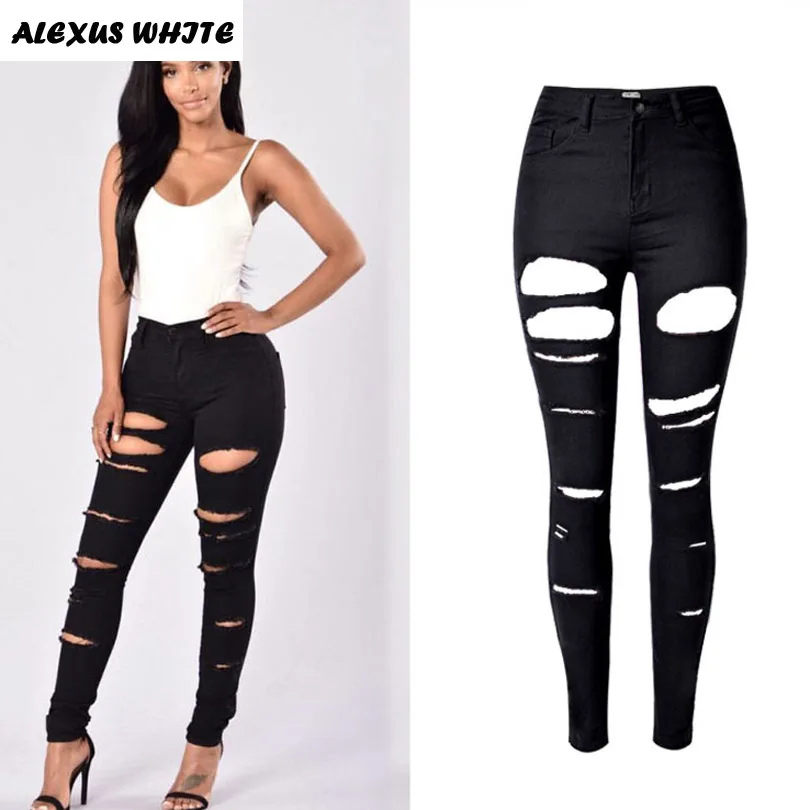 

2017 Autumn Women's Slim Stretch Jeans Ladies Irregular Hole Denim Trousers Black Pocket Skinny Pencil Pants