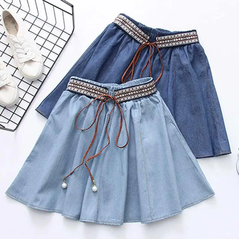 

Spring Casual Women Denim Skirts Clothes Fashion Patchwork Drawstring Waist A-line Skirts 2019 Summer Mini Jean Skirt