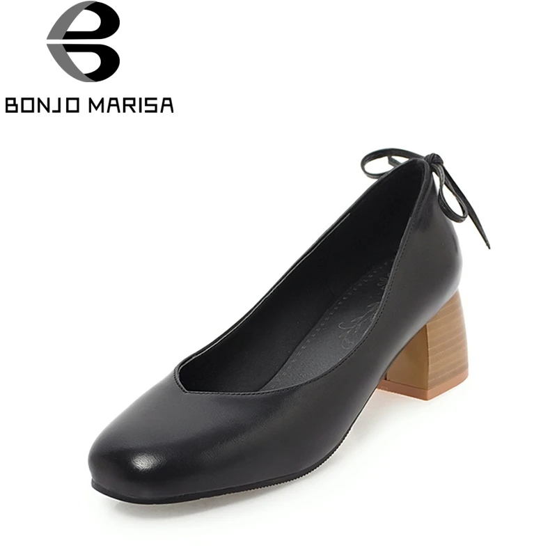 

BONJOMARISA 2019 Spring Autumn Elegant Plus Sizes 32-46 Women Pumps Chunky Heels Slip On Bow Shoes Woman Black OL Women Shoes