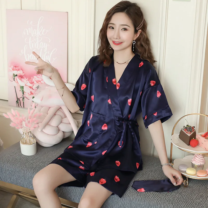 Japanese-Style Kimono Pajamas Summer Silk-like Short Sleeve Korean-Style Fresh Students Home Service Two-Piece Set Can Ou