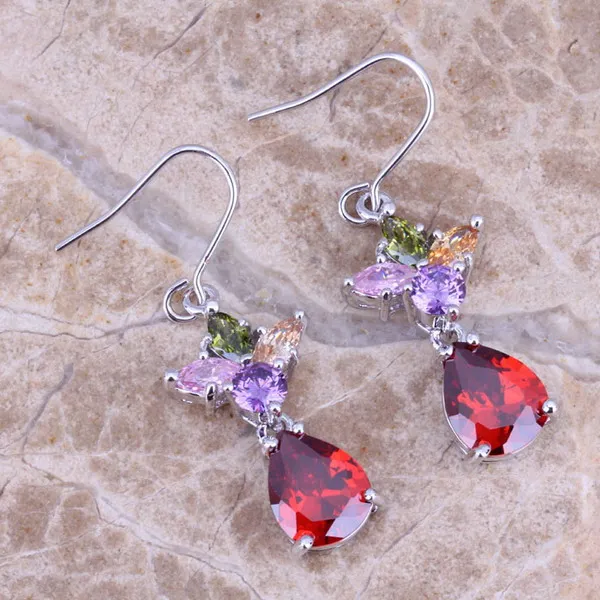 

Smooth Multicolor Multigem Silver Drop Dangle Earrings For Women Free Shipping & Jewelry Bag N0810