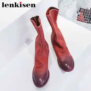 

Lenkisen zipper round toe low heels high street fashion large size vintage art design women spring autumn mid-calf boots L16